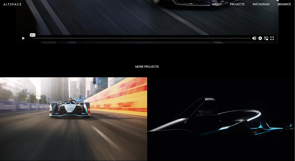 The lower part of the Altspace page: a video player, a “More projects” link and two project tiles, a racing car and a dark silhouette.