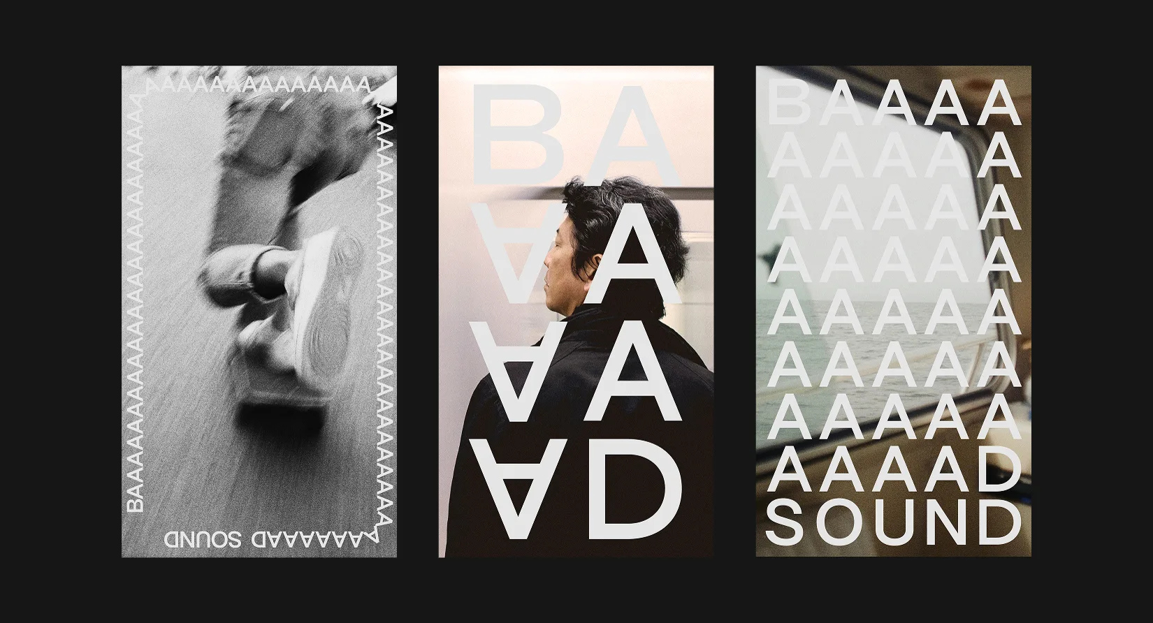 Three posters in the studio’s identity: a blurred skater, a man in profile, a seaside view, each overprinted with repeating letters A.