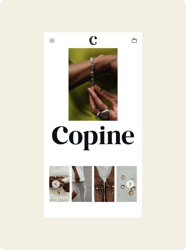 Copine on a phone: the logo, a hand holding a silver bracelet and a row of four product thumbnails.