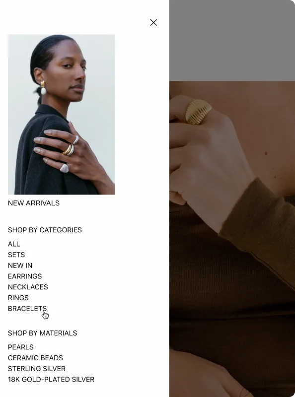 The Copine menu on a phone: a portrait of a model, then categories and materials as a plain list.