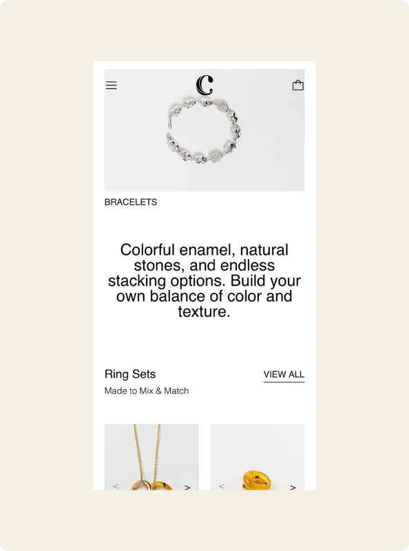 A Copine collection page on a phone: a bracelet photograph, a short line about colourful enamel and natural stones, and a row of ring sets.